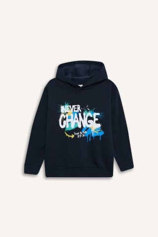 Erkek Çocuk Kapüşonlu Baskılı İçi Yumuşak Tüylü Sweatshirt