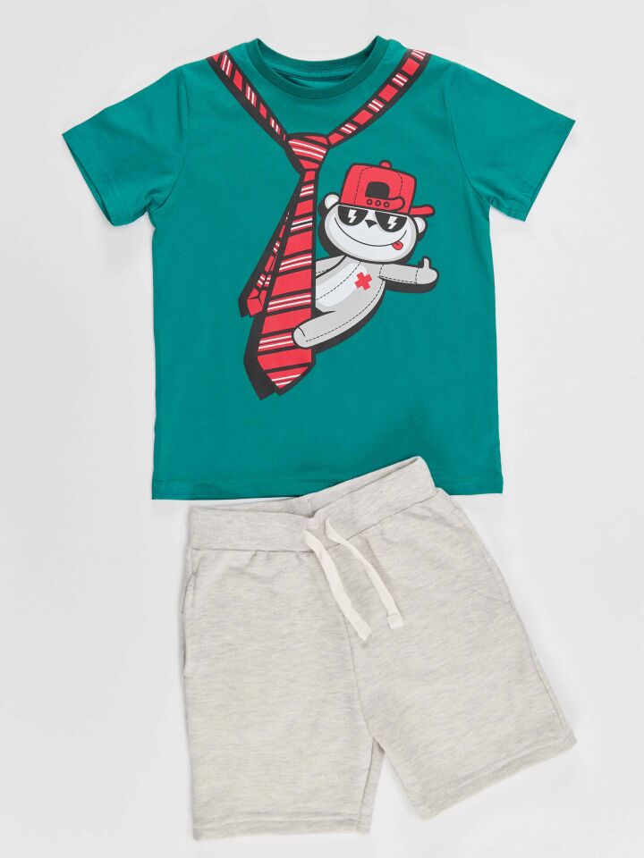 Kravat Koala Erkek Çocuk T-shirt Şort Takım 2 Y - Yeşil, Açık Gri