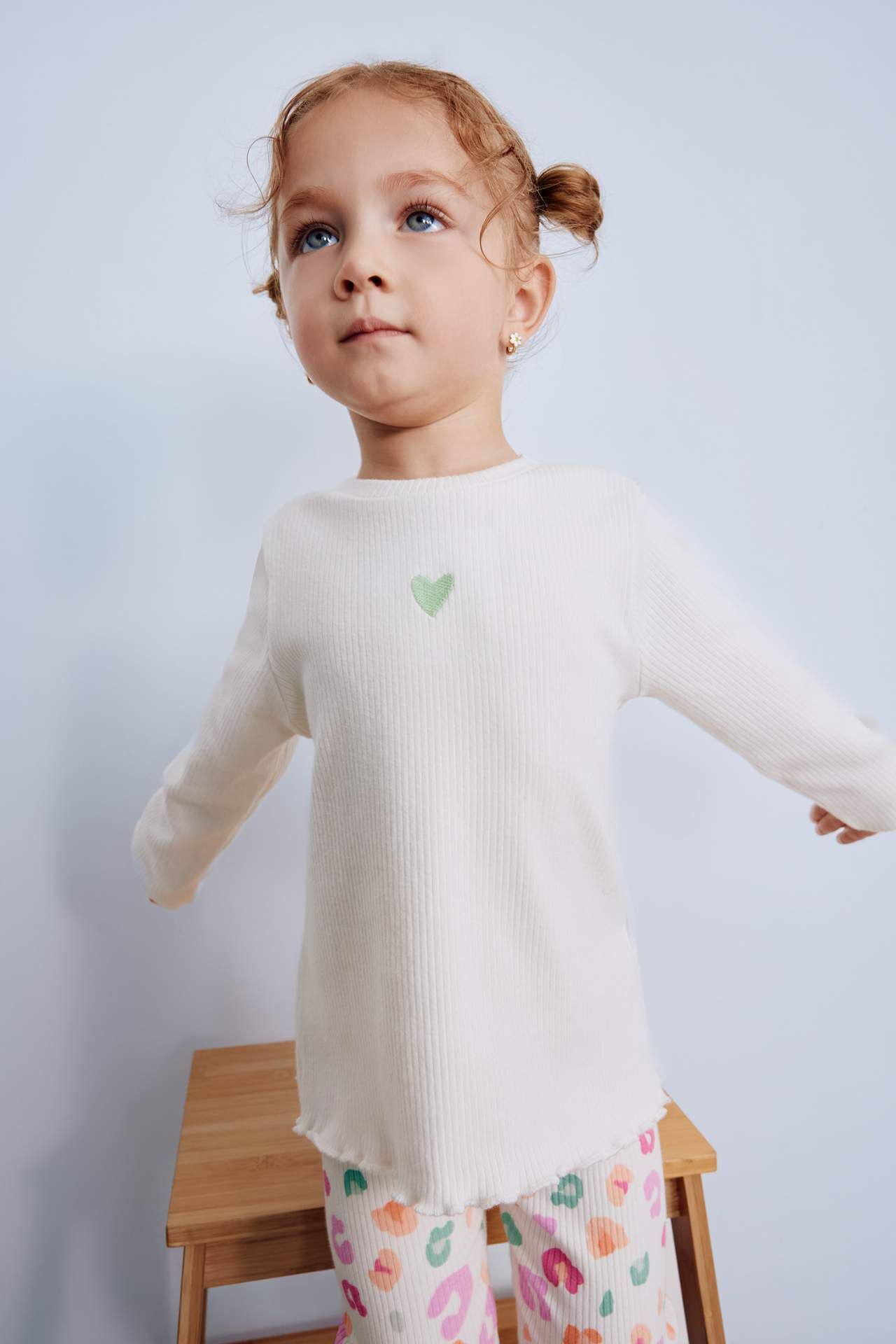 Kız Bebek Bisiklet Yaka Baskılı Fitilli Kaşkorse Uzun Kollu Tişört