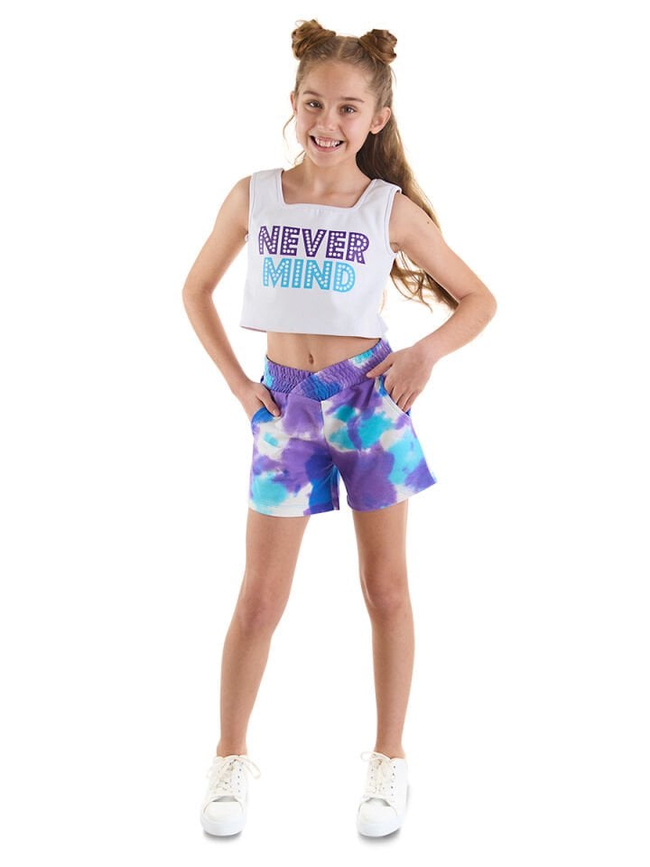 Never Mind Kız Çocuk Crop Top Batik Şort Takım