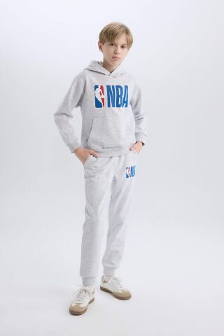 Erkek Çocuk Gri NBA Wordmark Kapüşonlu Kalın Sweatshirt