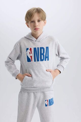 Erkek Çocuk Gri NBA Wordmark Kapüşonlu Kalın Sweatshirt
