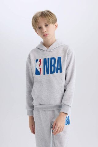 Erkek Çocuk Gri NBA Wordmark Kapüşonlu Kalın Sweatshirt