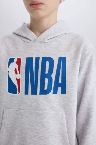 Erkek Çocuk Gri NBA Wordmark Kapüşonlu Kalın Sweatshirt