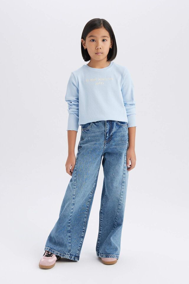 Kız Çocuk Slim Fit Dar Kesim Bisiklet Yaka Baskılı Fitilli Kaşkorse Uzun Kollu Tişört