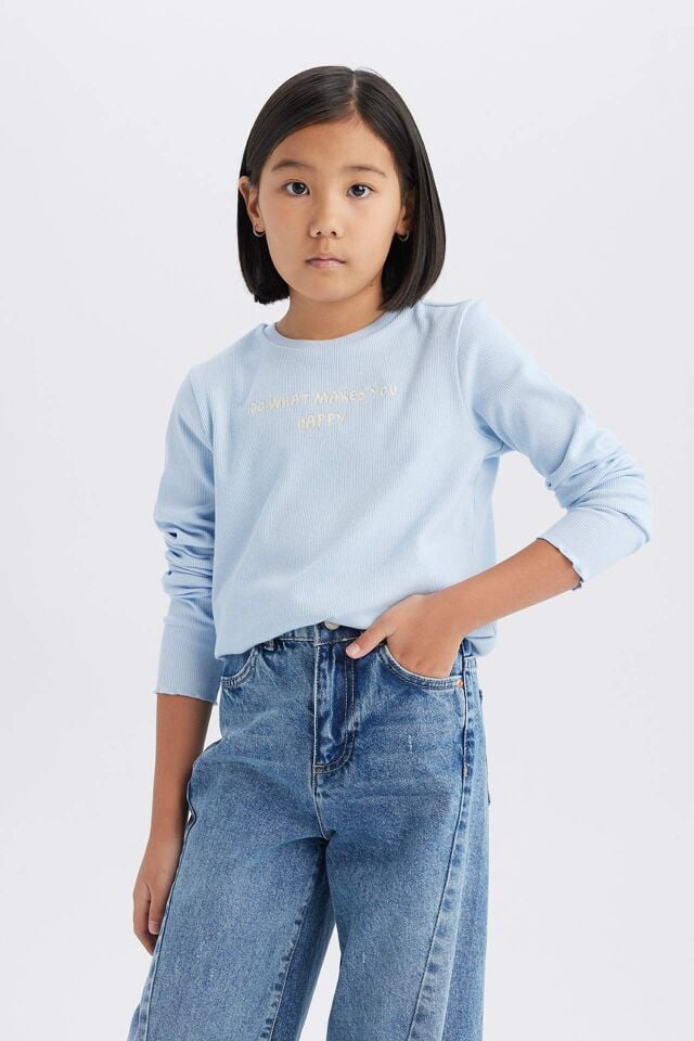 Kız Çocuk Slim Fit Dar Kesim Bisiklet Yaka Baskılı Fitilli Kaşkorse Uzun Kollu Tişört
