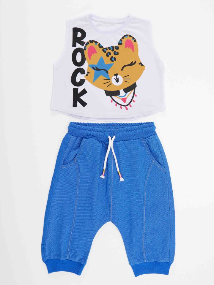 Rocker Leo Kız Çocuk T-Shirt Kapri Şort Takım 10 Y - Beyaz, Mavi