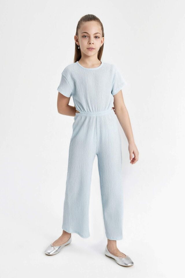 Kız Çocuk Bürümcük Kısa Kollu Tulum 9/10 Yaş - Mavi-BE61