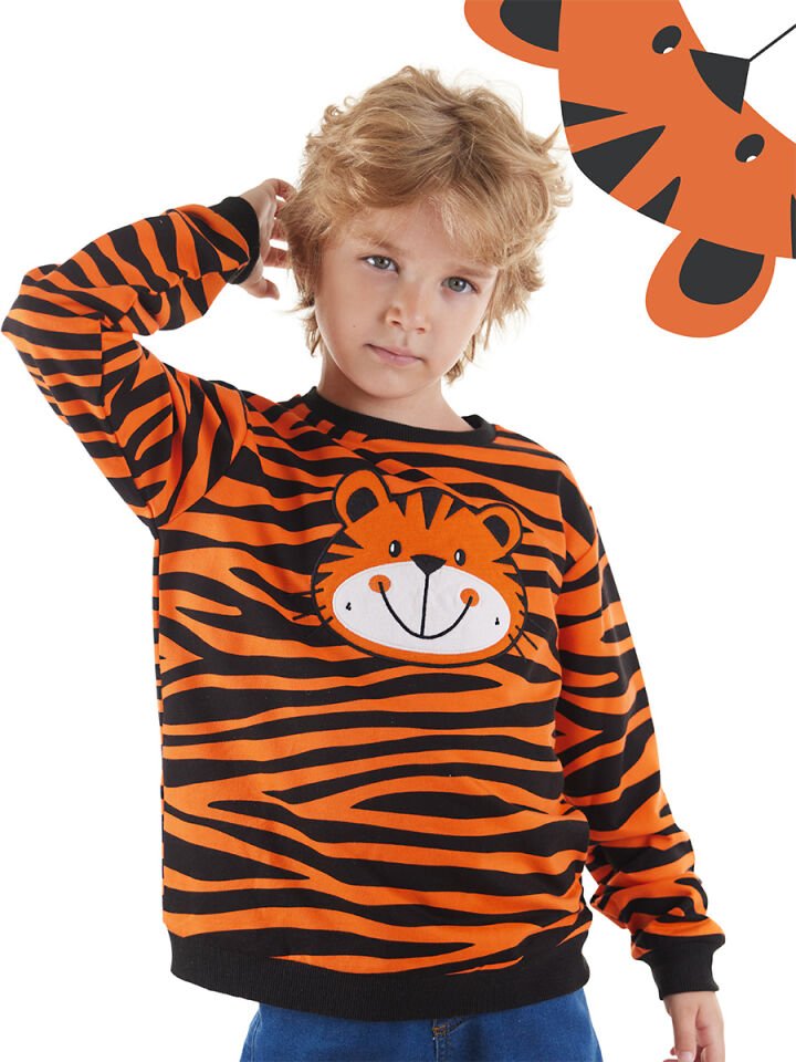 Kaplan Aplikeli Erkek Çocuk Sweatshirt 3 Y - Turuncu
