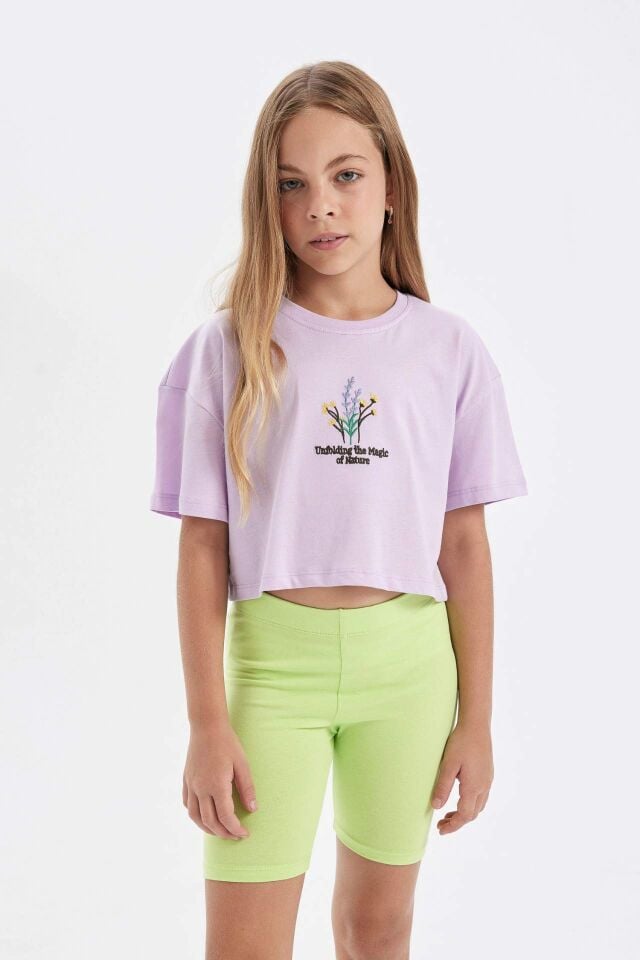 Kız Çocuk Crop Bisiklet Yaka Çiçekli Kısa Kollu Tişört