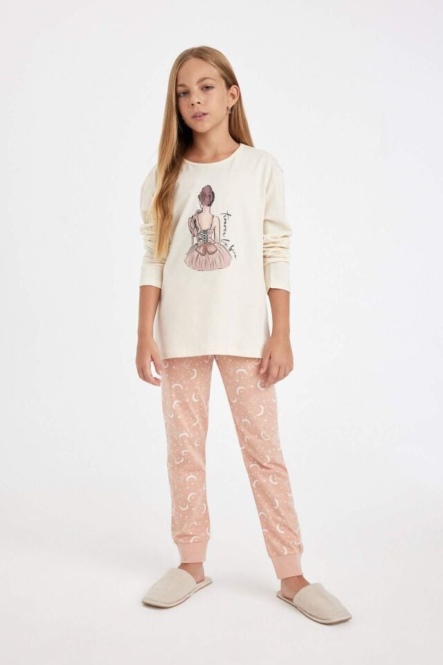 Kız Çocuk Pijama Takımı Balerin Kız Baskılı Uzun Kollu Üst Uzun Alt