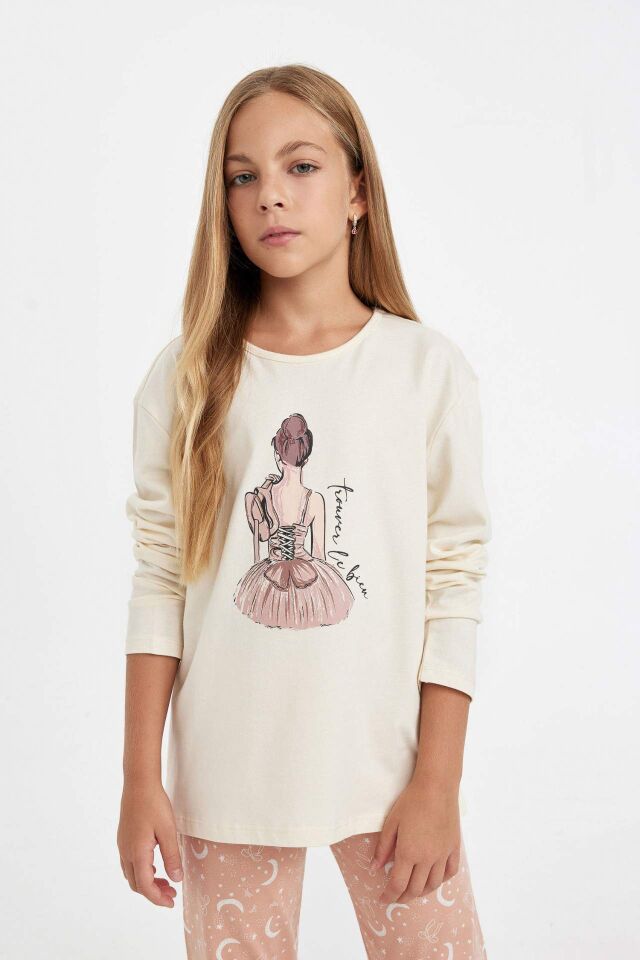 Kız Çocuk Pijama Takımı Balerin Kız Baskılı Uzun Kollu Üst Uzun Alt