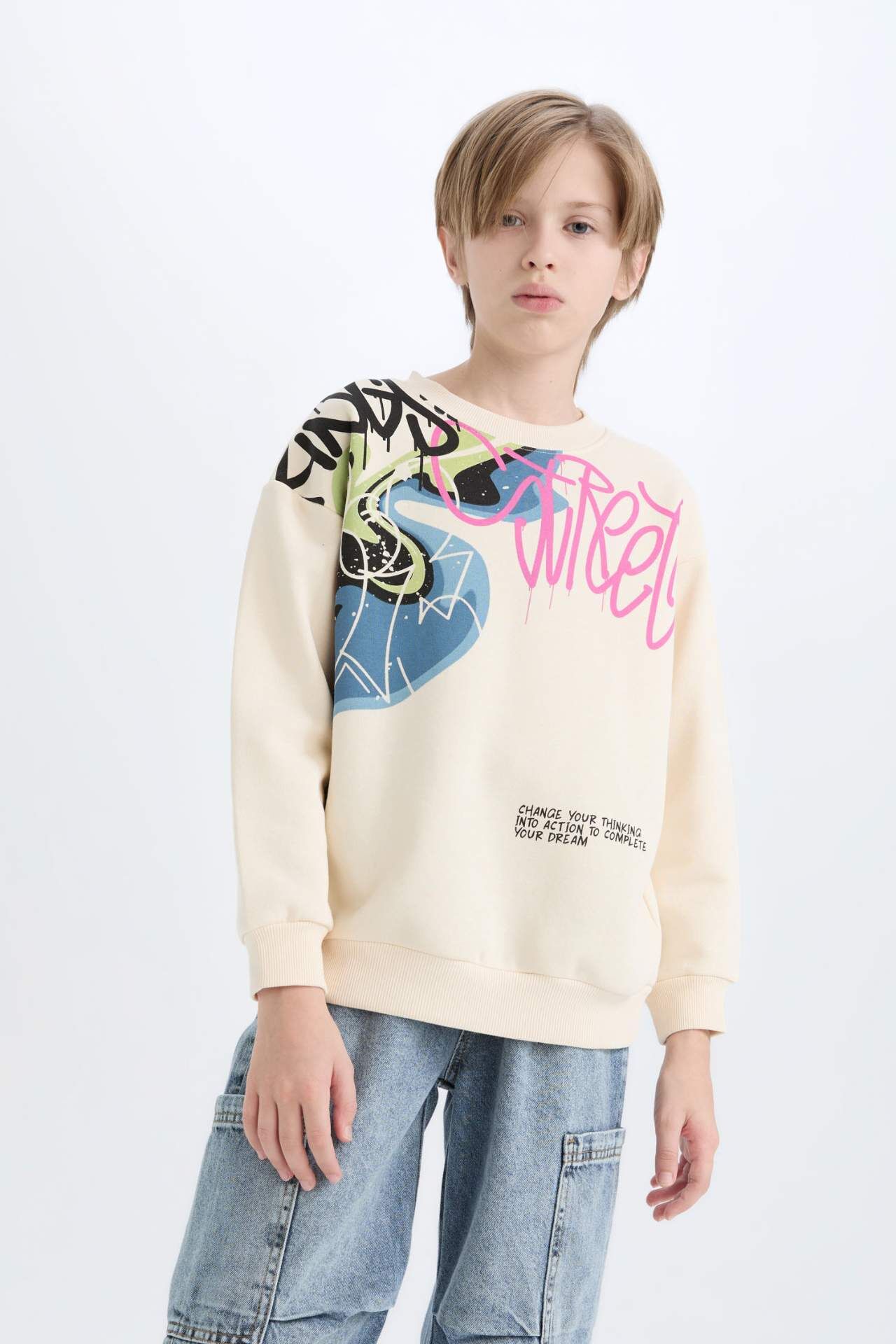 Erkek Çocuk Oversize Geniş Kalıp Bisiklet Yaka Baskılı Kalın Sweatshirt