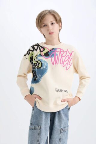 Erkek Çocuk Oversize Geniş Kalıp Bisiklet Yaka Baskılı Kalın Sweatshirt