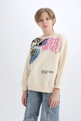 Erkek Çocuk Oversize Geniş Kalıp Bisiklet Yaka Baskılı Kalın Sweatshirt