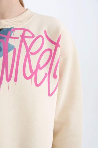 Erkek Çocuk Oversize Geniş Kalıp Bisiklet Yaka Baskılı Kalın Sweatshirt