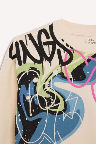 Erkek Çocuk Oversize Geniş Kalıp Bisiklet Yaka Baskılı Kalın Sweatshirt