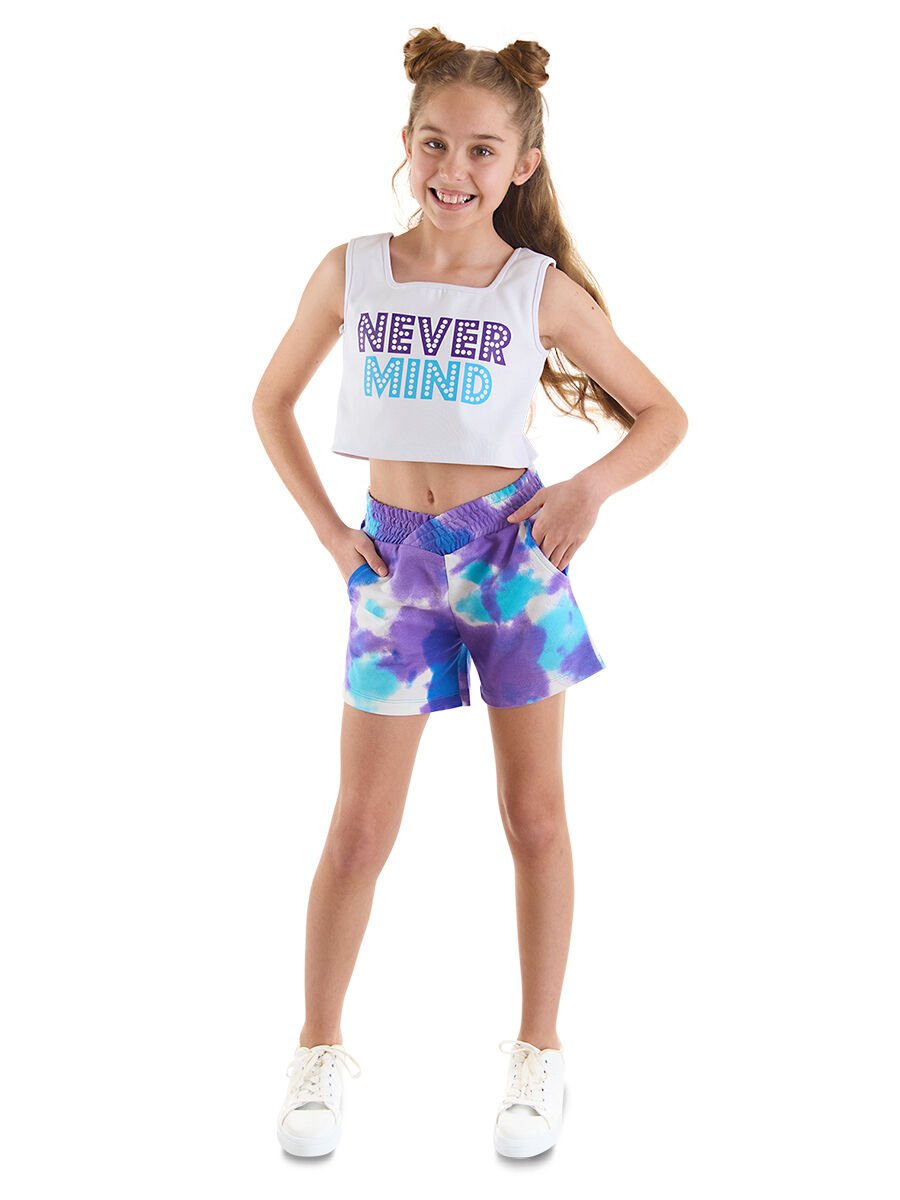 Never Mind Kız Çocuk Crop Top Batik Şort Takım 6 Y - Beyaz, Mavi
