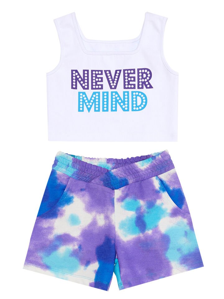Never Mind Kız Çocuk Crop Top Batik Şort Takım 6 Y - Beyaz, Mavi