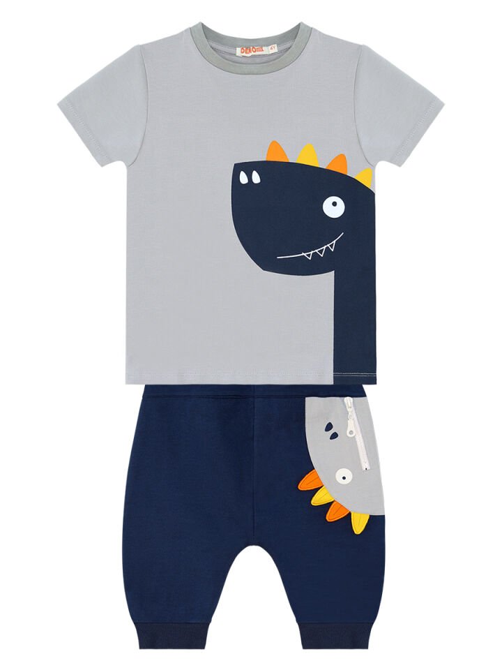Fermuar Dino Erkek Çocuk T-shirt Kapri Şort Takım 7 Y - Gri,Lacivert