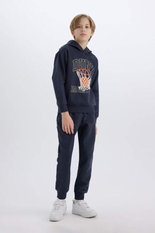 Erkek Çocuk 2'li Takım Kapüşonlu Baskılı Sweatshirt Beli Paçası Lastikli Eşofman Altı