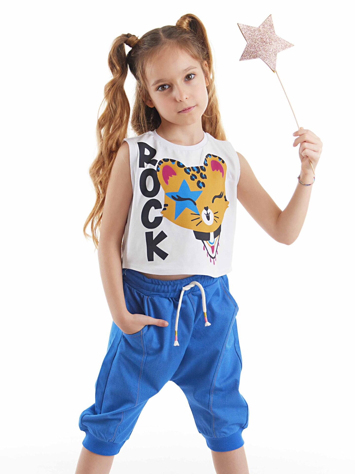 Rocker Leo Kız Çocuk T-Shirt Kapri Şort Takım 8 Y - Beyaz, Mavi