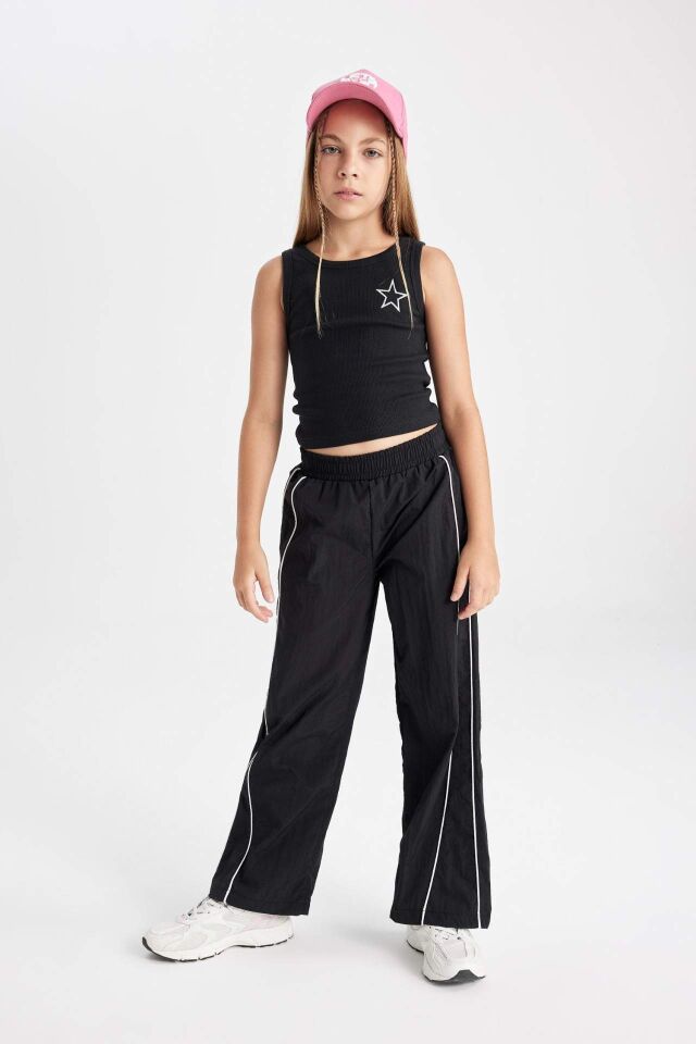 Kız Çocuk Wide Leg Geniş Bol Paça Beli Lastikli Siyah Pantolon