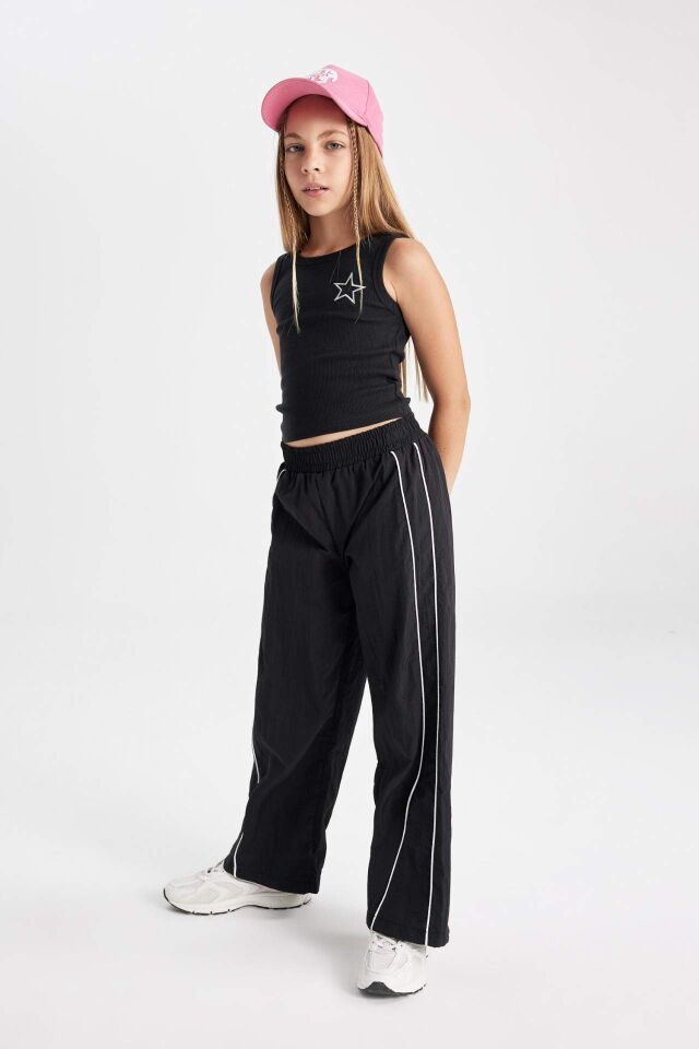 Kız Çocuk Wide Leg Geniş Bol Paça Beli Lastikli Siyah Pantolon