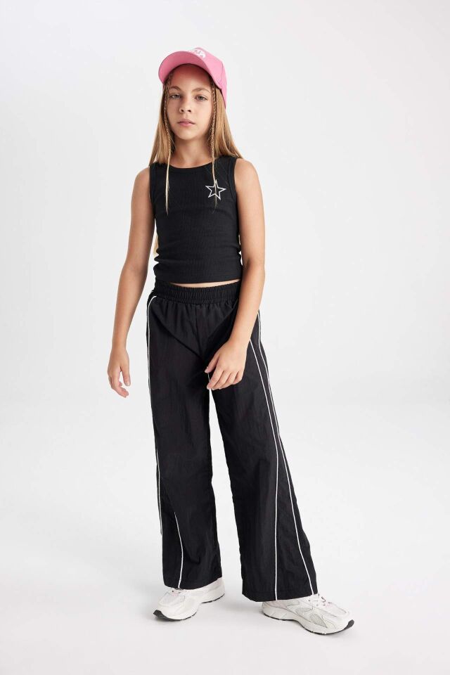 Kız Çocuk Wide Leg Geniş Bol Paça Beli Lastikli Siyah Pantolon