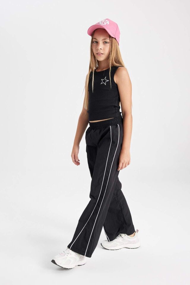 Kız Çocuk Wide Leg Geniş Bol Paça Beli Lastikli Siyah Pantolon