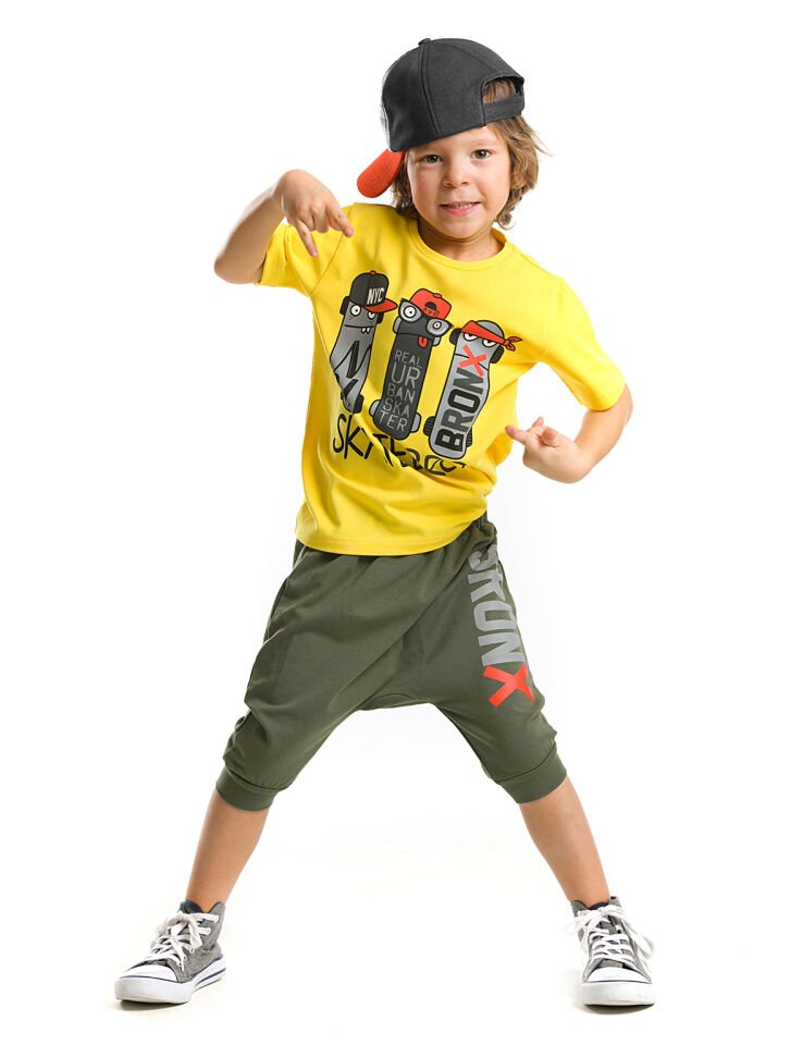 Bronx Erkek Çocuk T-shirt Kapri Şort Takım 7 Y - Sarı Yeşil
