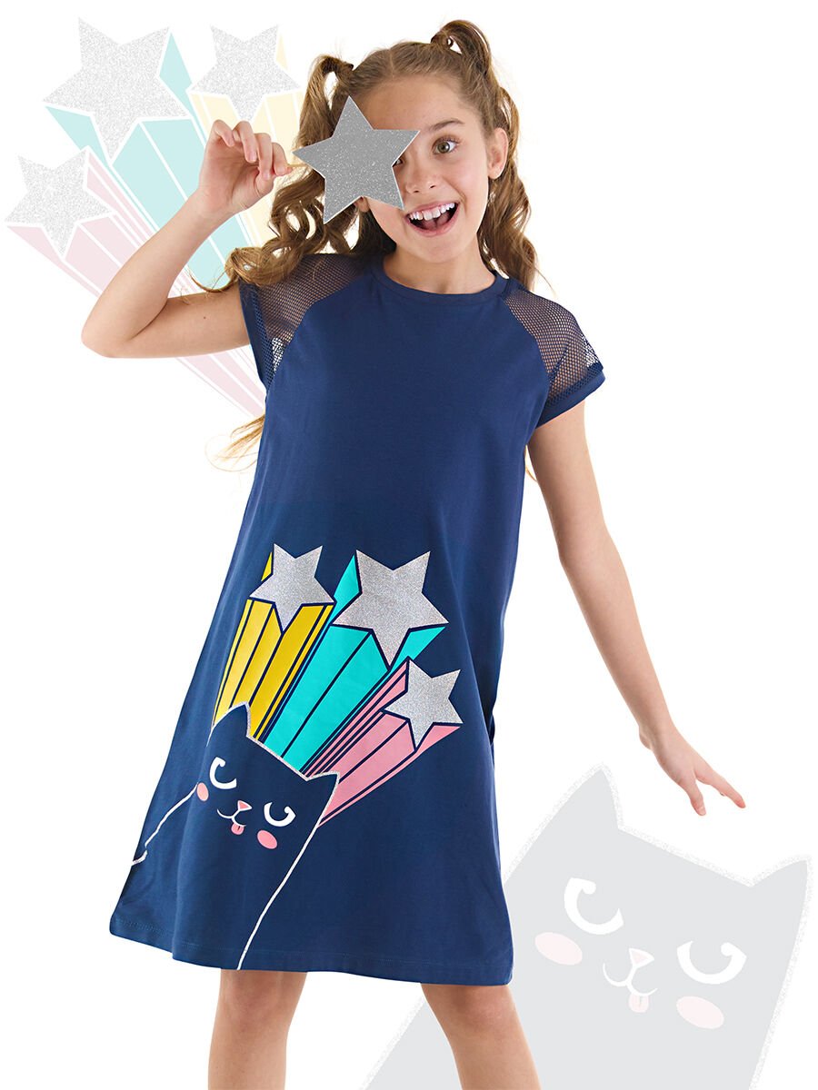 Bilmiş Kedi Kız Çocuk Lacivert Elbise