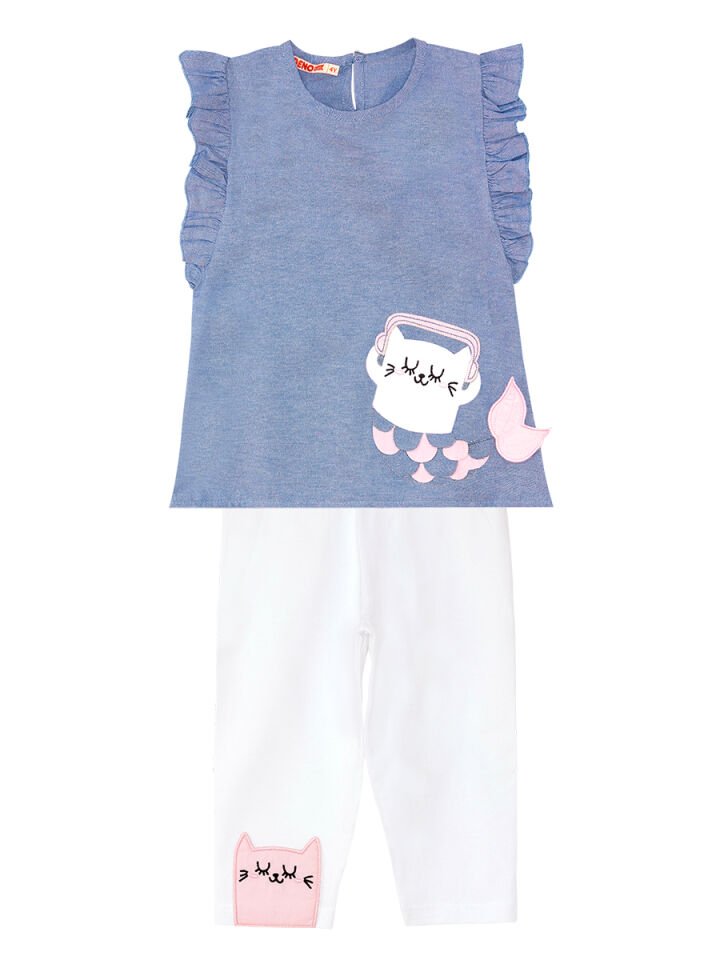 Deniz Kedisi Kız Çocuk Tunik Tayt Takım 3 Y - Mavi Beyaz