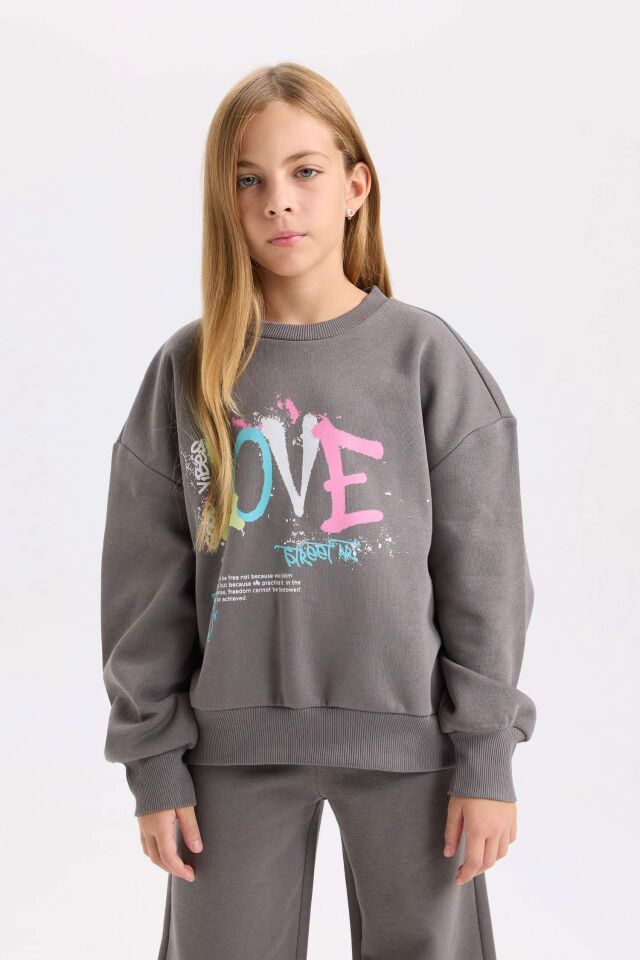 Kız Çocuk 2'li Takım Bisiklet Yaka Baskılı Sweatshirt Beli Lastikli Jogger Eşofman Altı