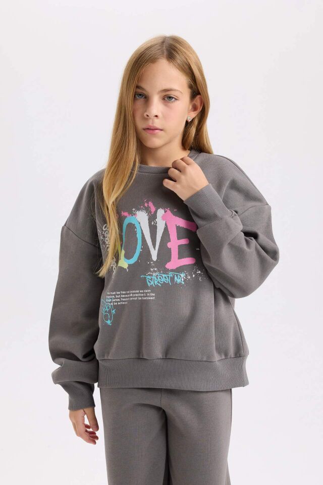 Kız Çocuk 2'li Takım Bisiklet Yaka Baskılı Sweatshirt Beli Lastikli Jogger Eşofman Altı
