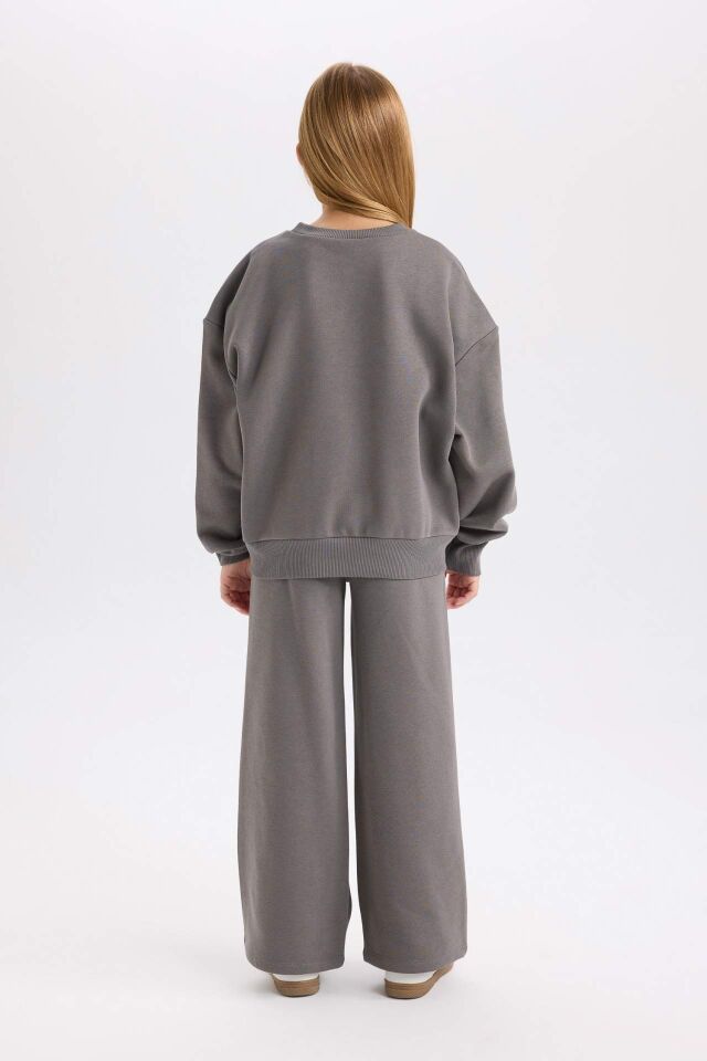 Kız Çocuk 2'li Takım Bisiklet Yaka Baskılı Sweatshirt Beli Lastikli Jogger Eşofman Altı