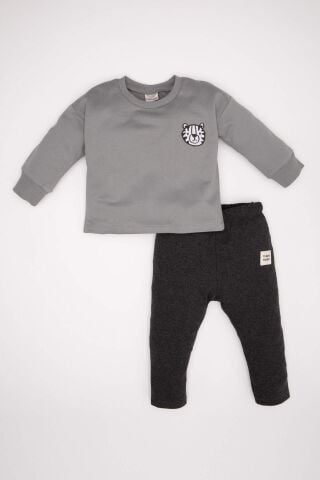 Erkek Bebek 2'li Takım Baskılı Bisiklet Yaka  Sweatshirt Üst Beli Lastikli Jogger Eşofman Altı
