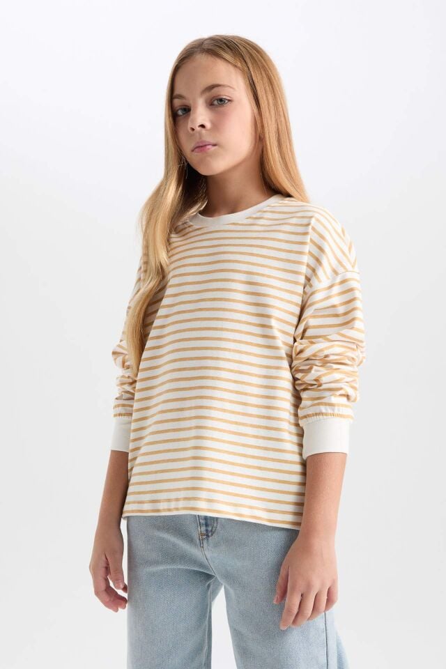 Kız Çocuk Relax Fit Bisiklet Yaka Çizgili Sweatshirt