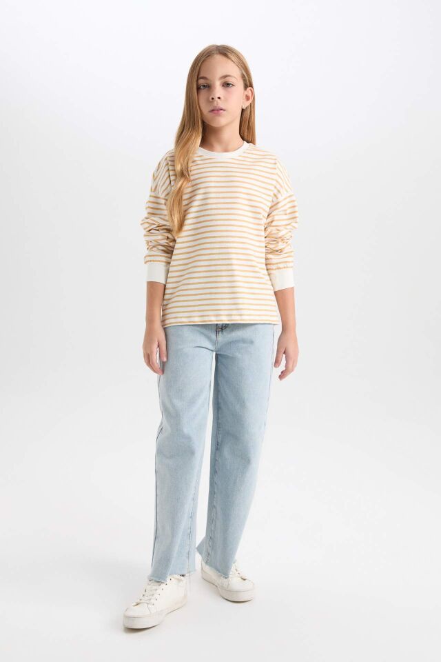 Kız Çocuk Relax Fit Bisiklet Yaka Çizgili Sweatshirt