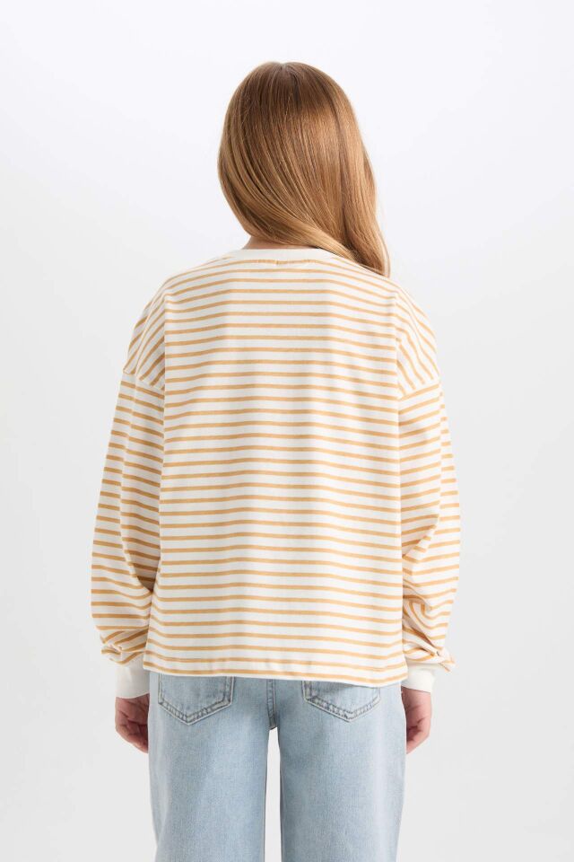 Kız Çocuk Relax Fit Bisiklet Yaka Çizgili Sweatshirt
