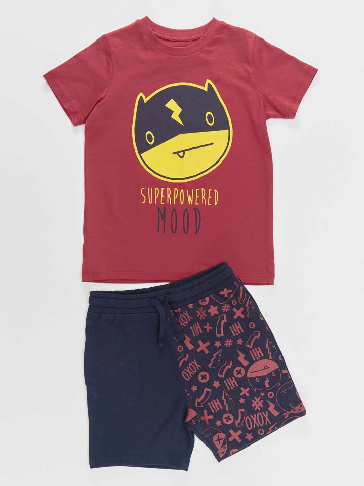 Süper Güçlü Erkek Çocuk T-shirt Şort Takım 7 Y - Bordo, Lacivert