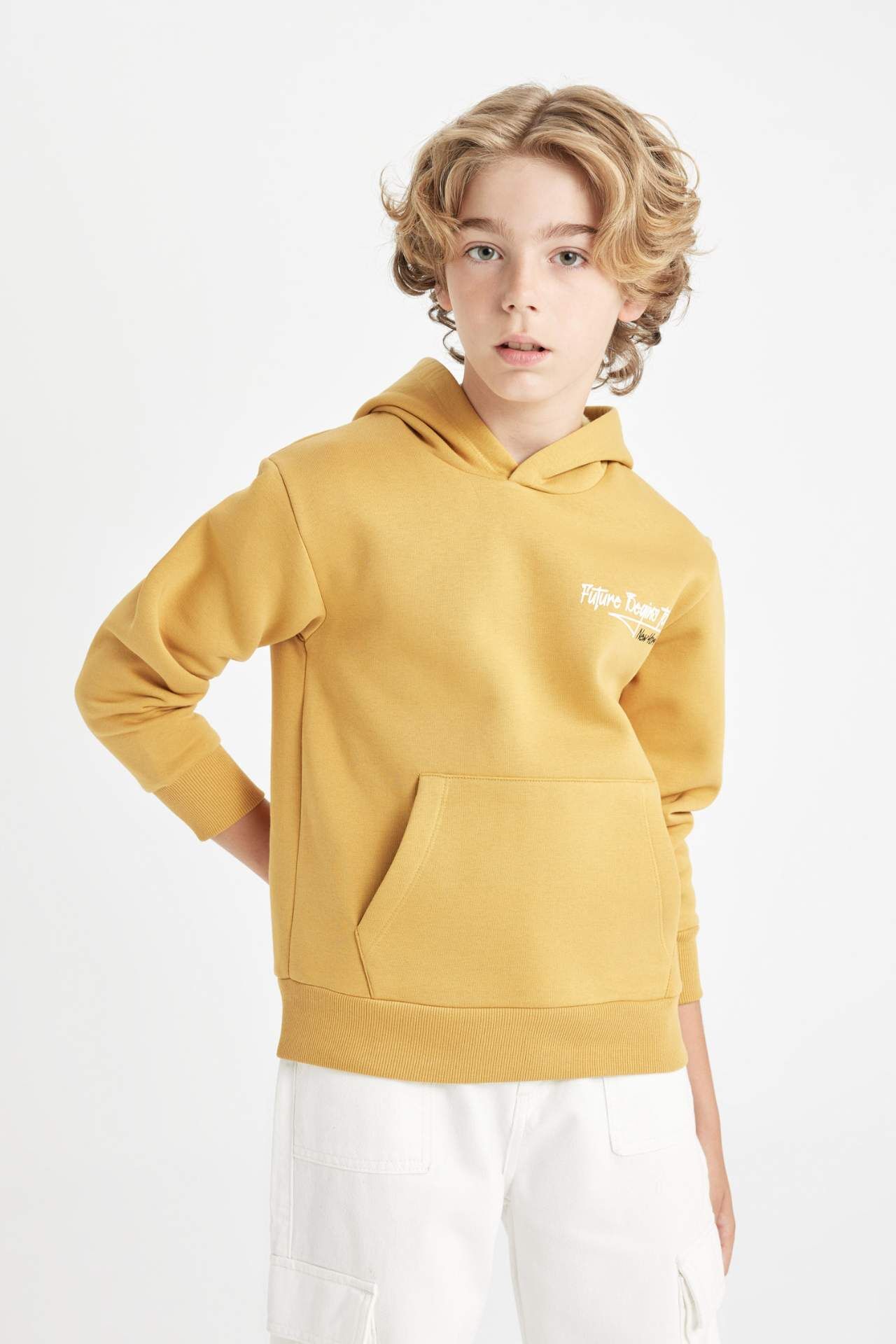 Erkek Çocuk Yazı Baskılı Cepli Kapüşonlu Kalın Okul Sweatshirt