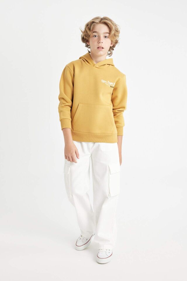 Erkek Çocuk Yazı Baskılı Cepli Kapüşonlu Kalın Okul Sweatshirt