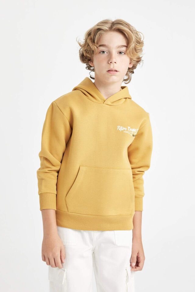 Erkek Çocuk Yazı Baskılı Cepli Kapüşonlu Kalın Okul Sweatshirt