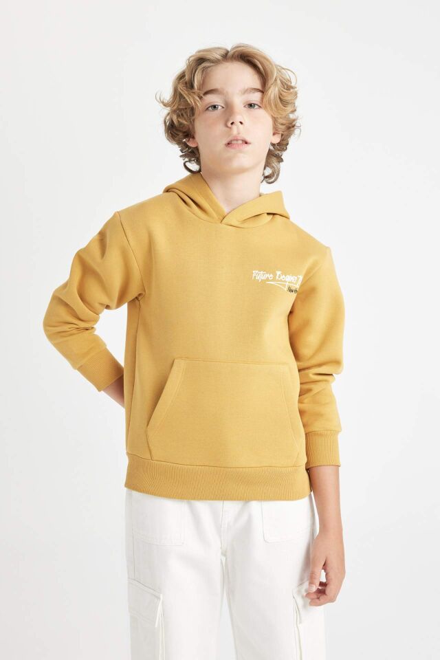 Erkek Çocuk Yazı Baskılı Cepli Kapüşonlu Kalın Okul Sweatshirt