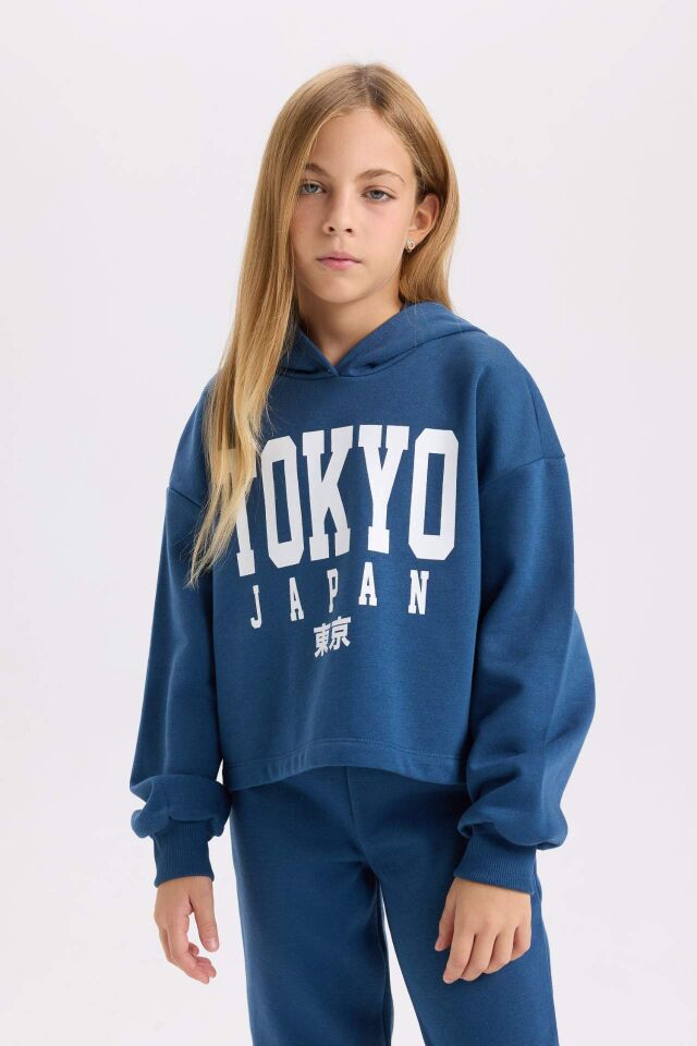 Kız Çocuk 2'li Takım Bisiklet Yaka Baskılı Kalın Sweatshirt Beli Lastikli Jogger Eşofman Altı