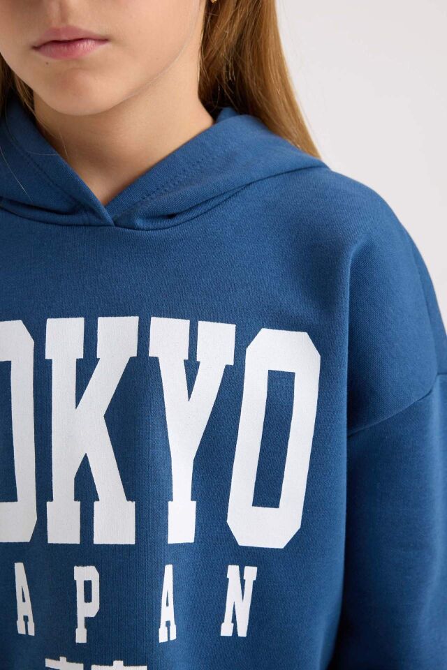 Kız Çocuk 2'li Takım Bisiklet Yaka Baskılı Kalın Sweatshirt Beli Lastikli Jogger Eşofman Altı