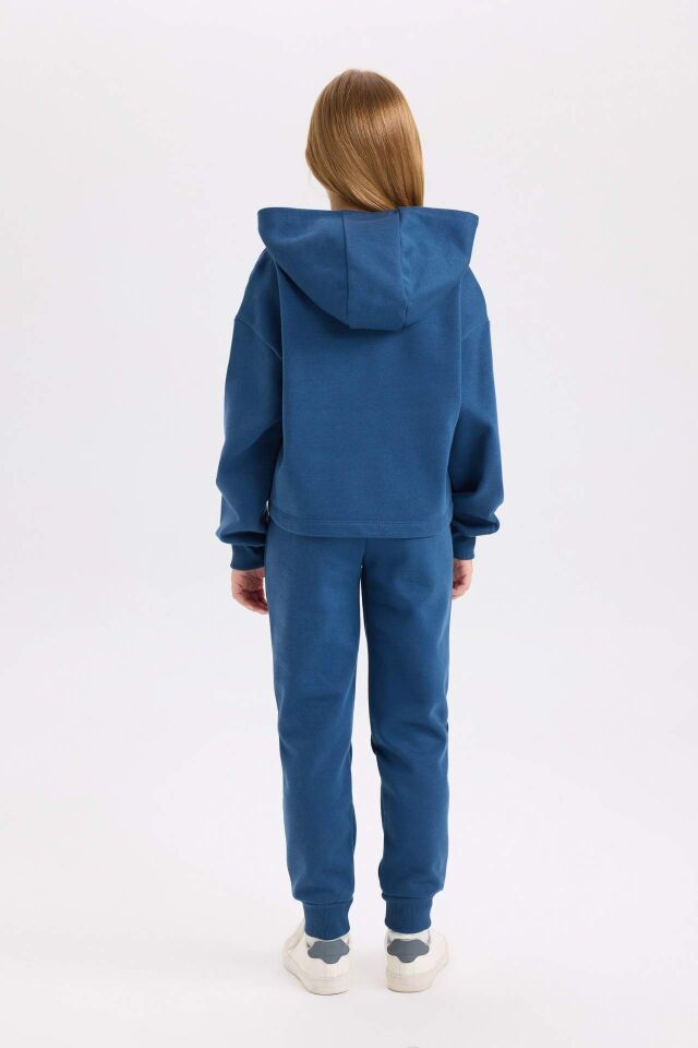 Kız Çocuk 2'li Takım Bisiklet Yaka Baskılı Kalın Sweatshirt Beli Lastikli Jogger Eşofman Altı