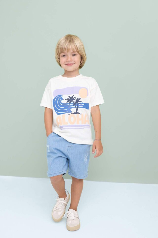 Erkek Bebek Etiket Baskılı Jean Şort