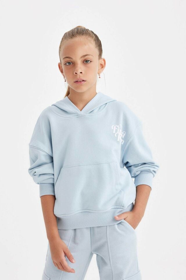 Kız Çocuk Cepli Kapüşonlu Baskılı Okul Sweatshirt